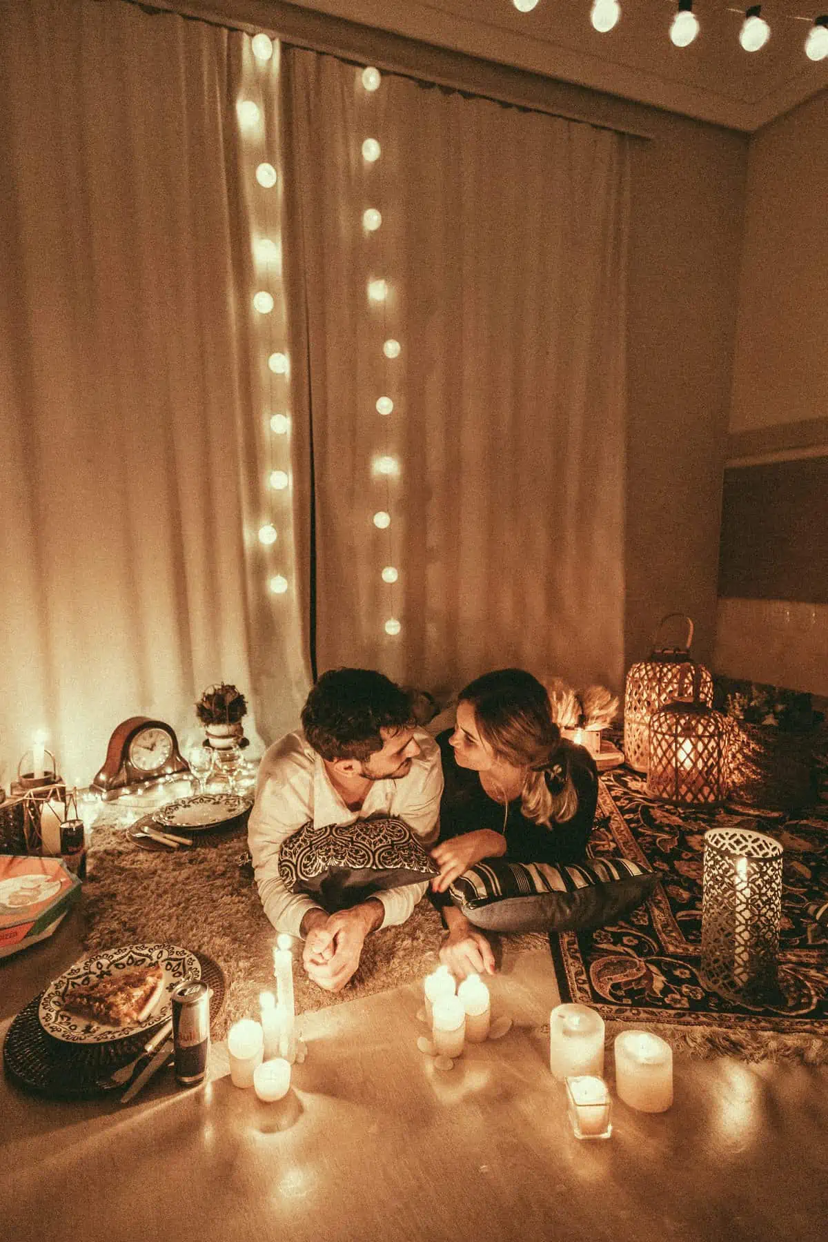 Living Room Romantic Date Night at Home-Building a Cozy Nest of Pillows and Blankets