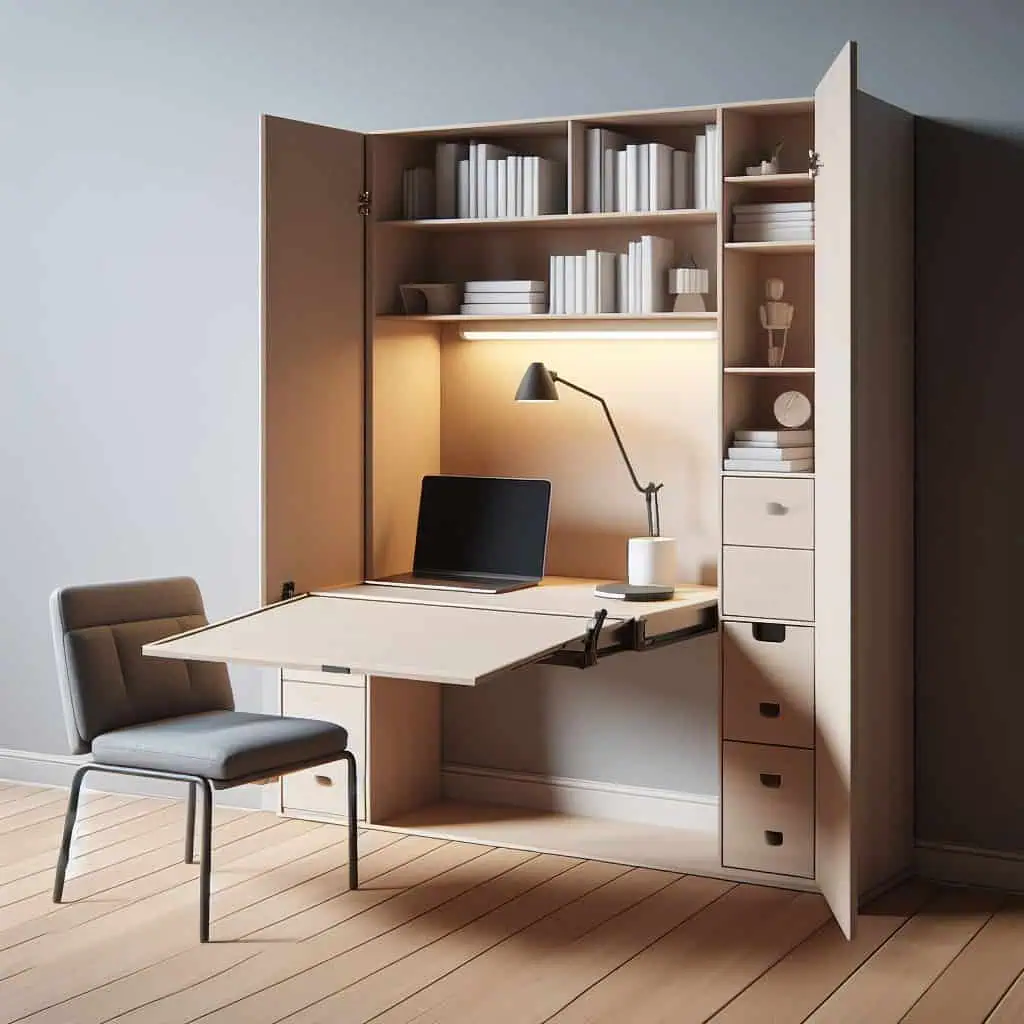 fold-down desk provides a workspace that can be tucked away when not in use.
