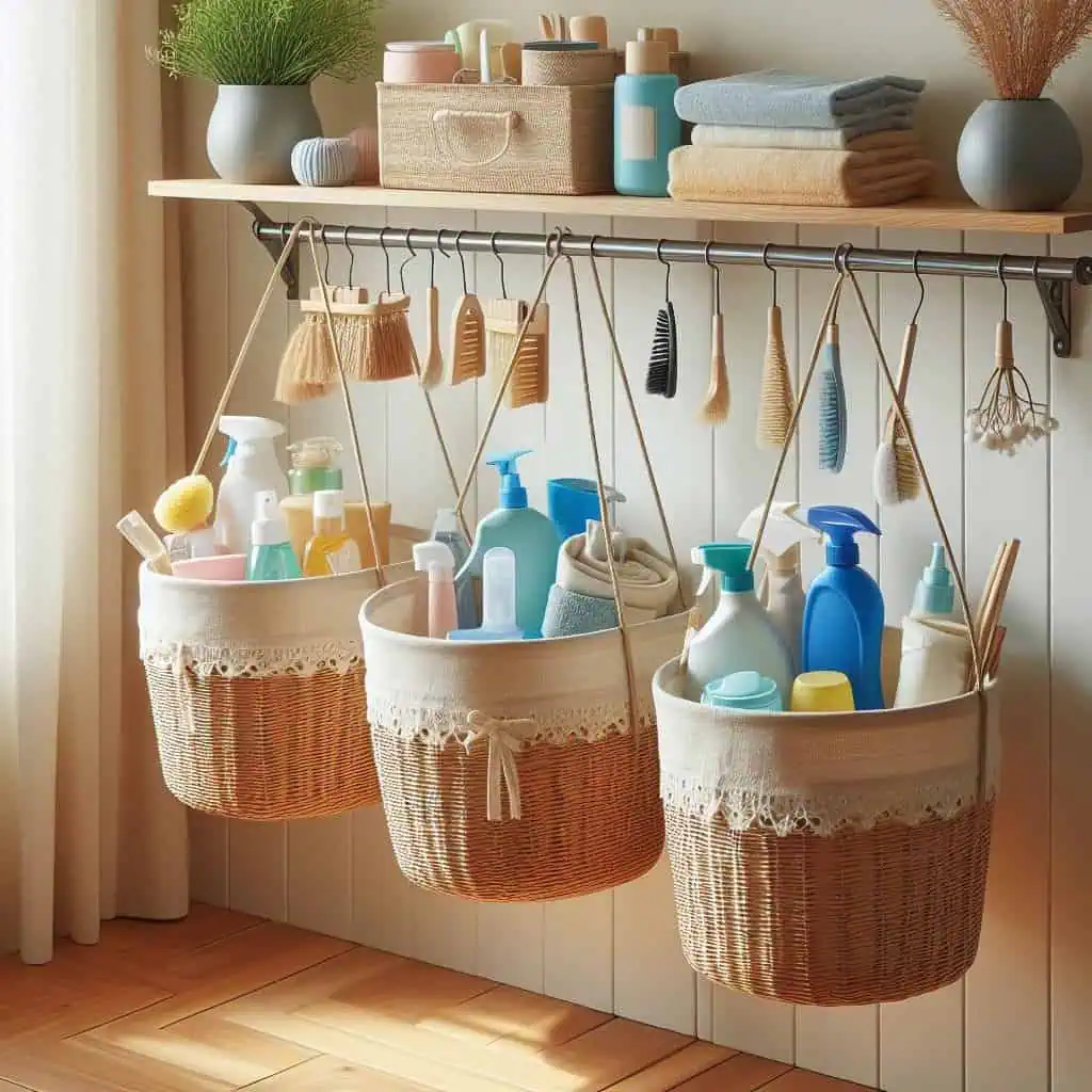 Use hanging baskets for storing toiletries, cleaning supplies, or pantry items.