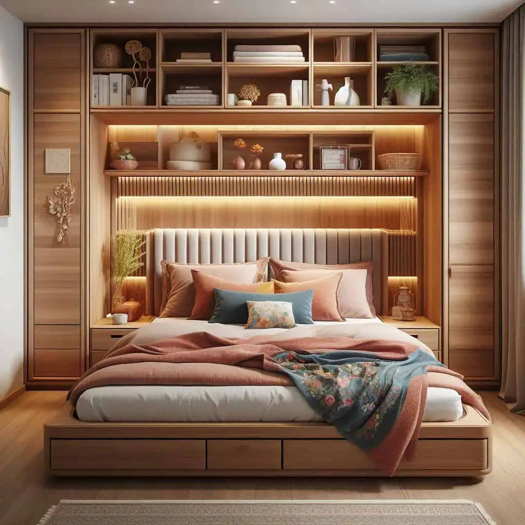 Beds with headboards that include shelves or compartments offer discreet storage.