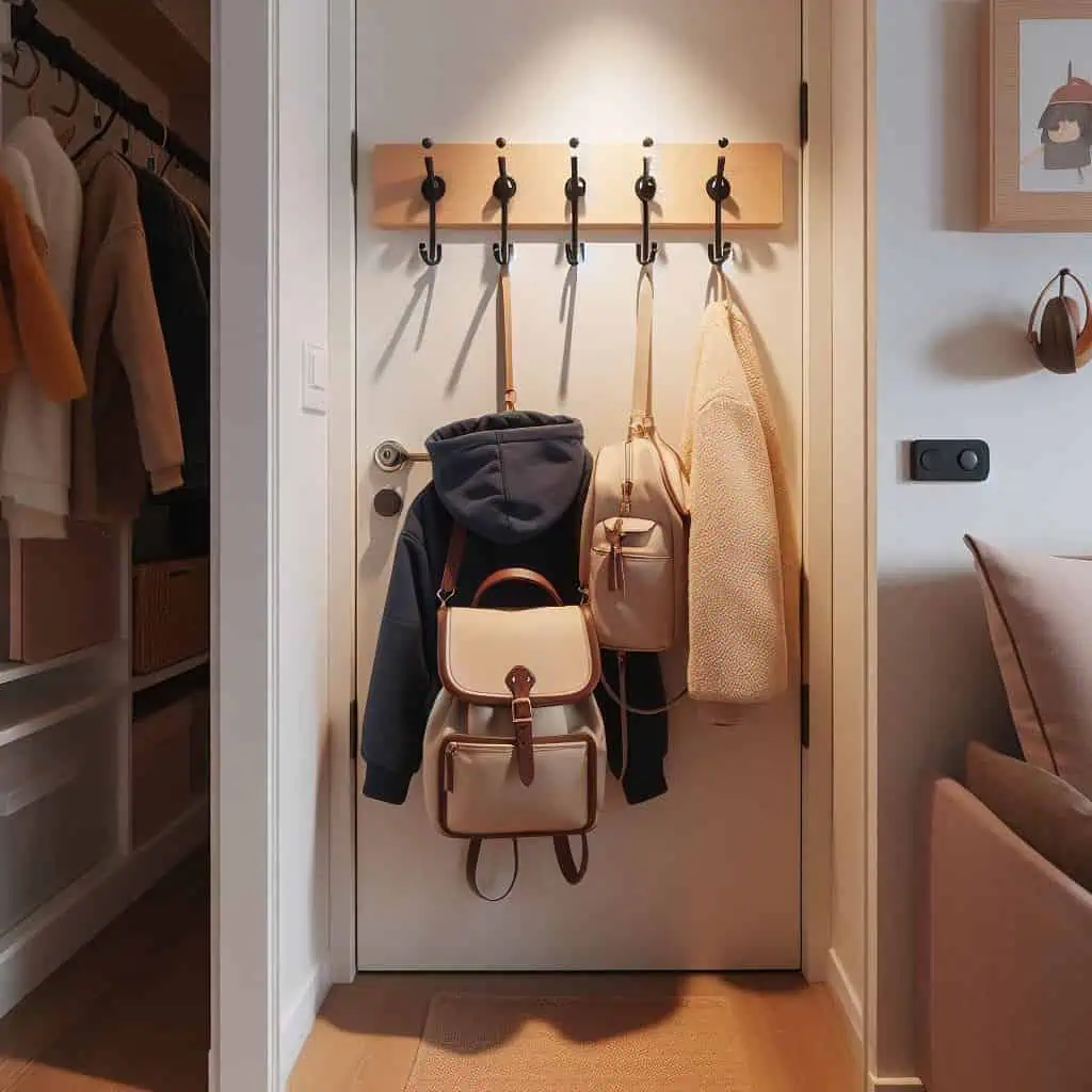 hook racks over doors for hanging coats, bags, or accessories.