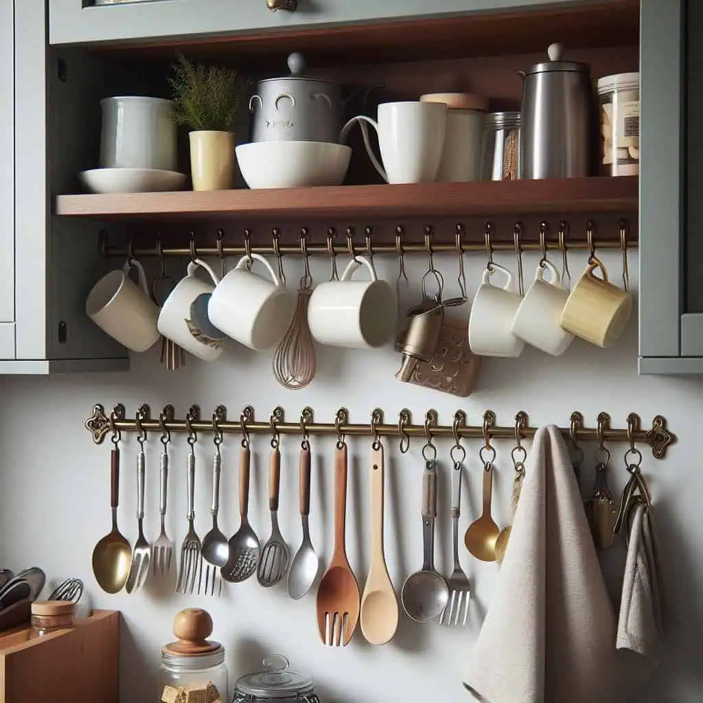 hooks under cabinets for hanging mugs, utensils, or dish towels.