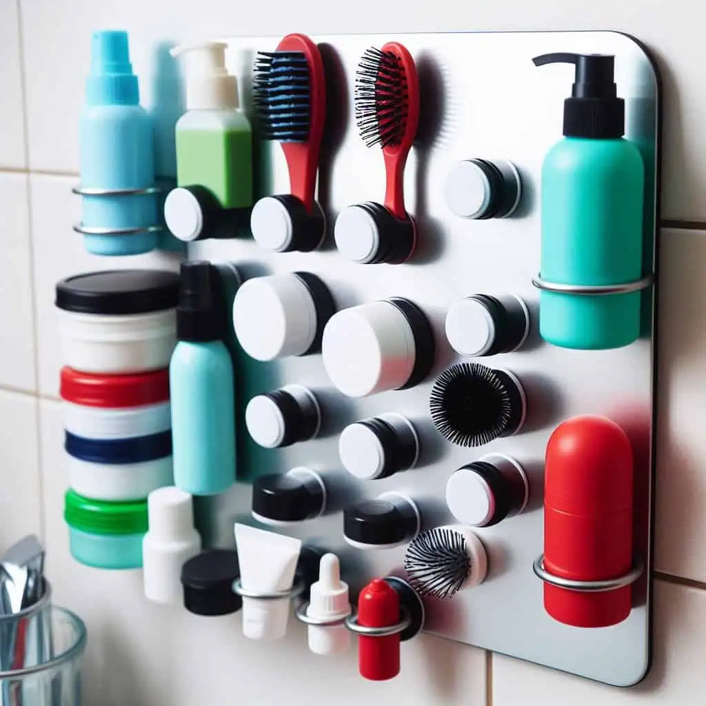 magnetic strips in the kitchen for knives, in the garage for tools, or in the bathroom for grooming items.