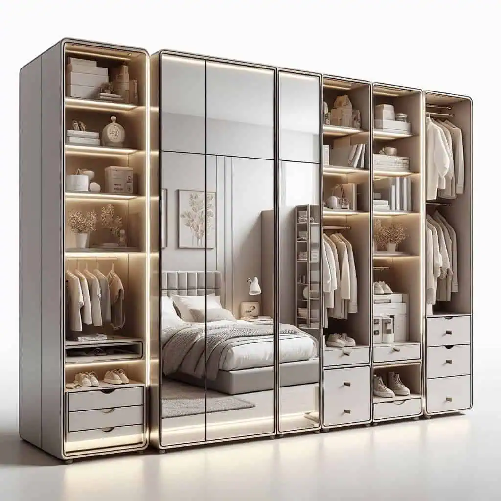 Mirrored cabinets in bathrooms or bedrooms double as storage while serving as a mirror.