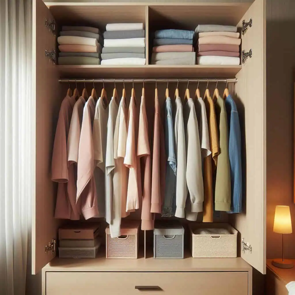 A closet organizer system to make the most of the available space with drawers, shelves, and hanging rods.
