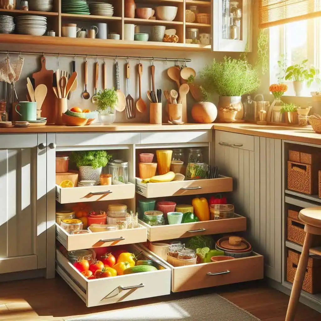 pullout shelves in cabinets for easy access to pots, pans, and pantry items.