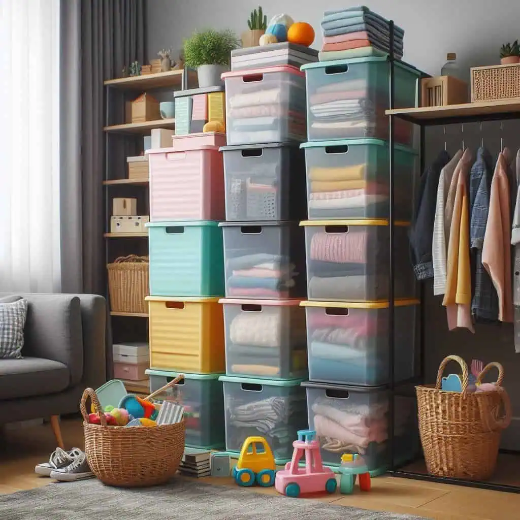 stackable bins in closets or storage rooms to make use of vertical space.