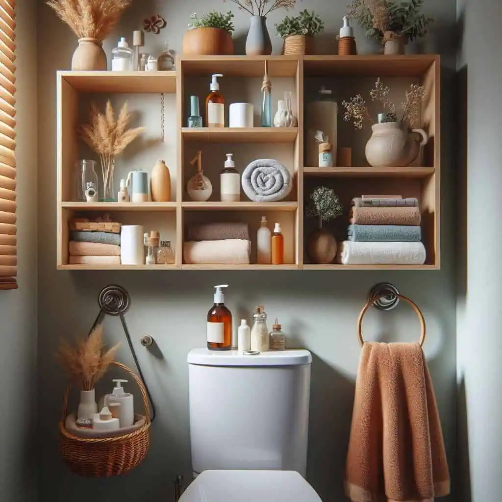 shelves above the toilet for storing toiletries, towels, and decorative items.