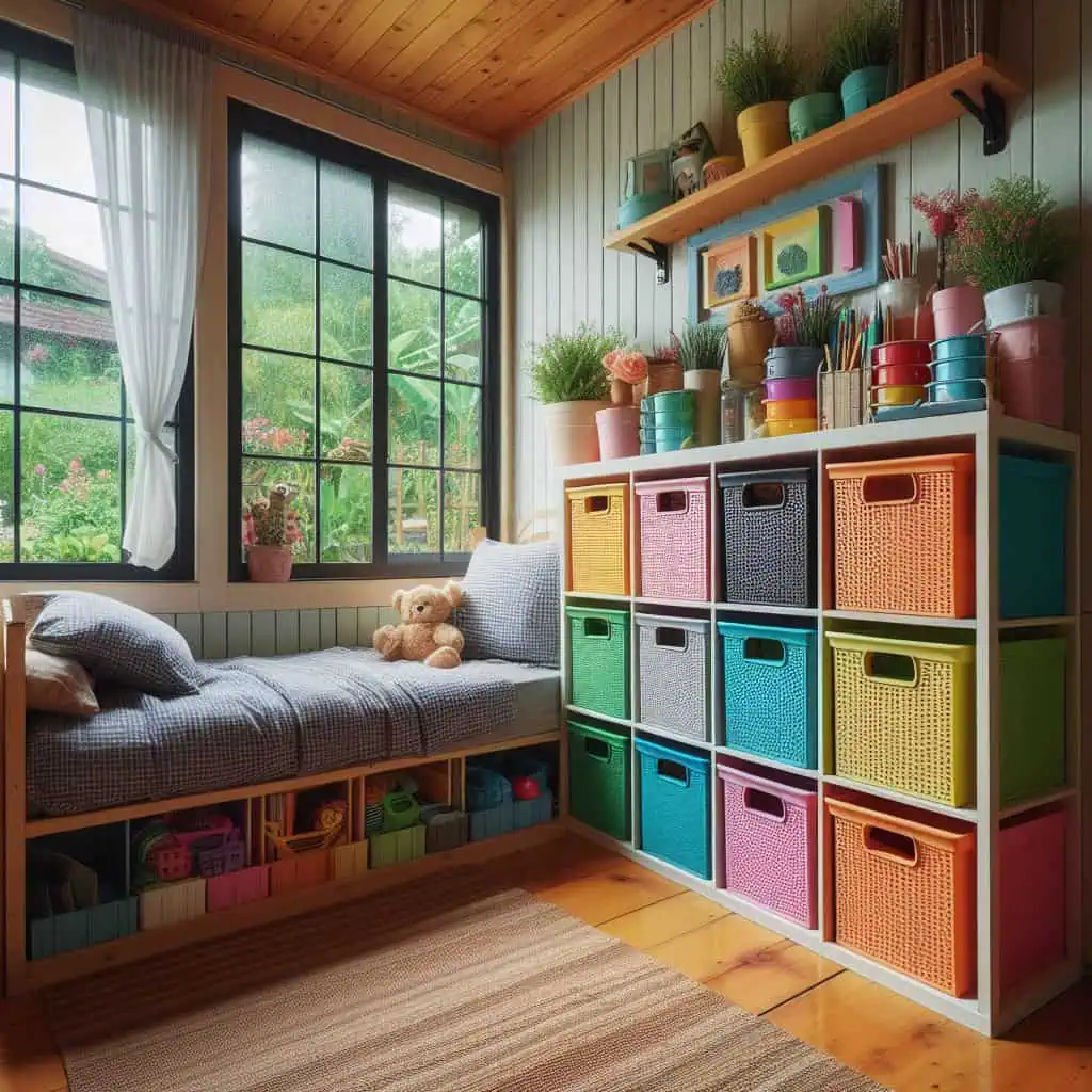 storage boxes or bins that can slide under your bed for clothes, shoes, or seasonal items.