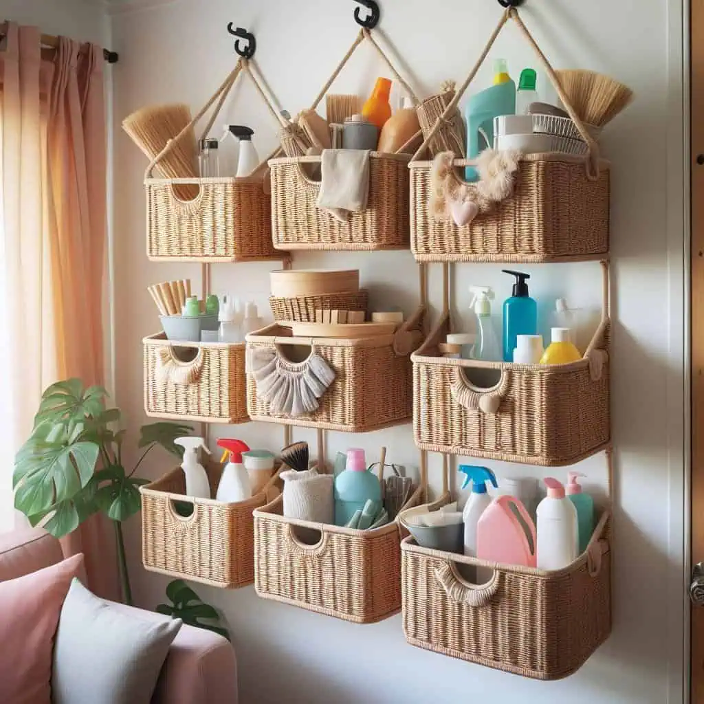 Wall-mounted baskets are great for storing mail, keys, or small plants.